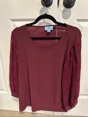 CeCe Wine Lace Balloon Sleeve Top
